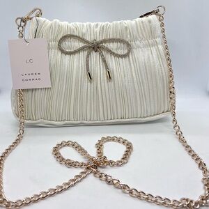LC Lauren Conrad Winter Ruffle Crossbody Bag Ivory Silk NWT Gold Chain